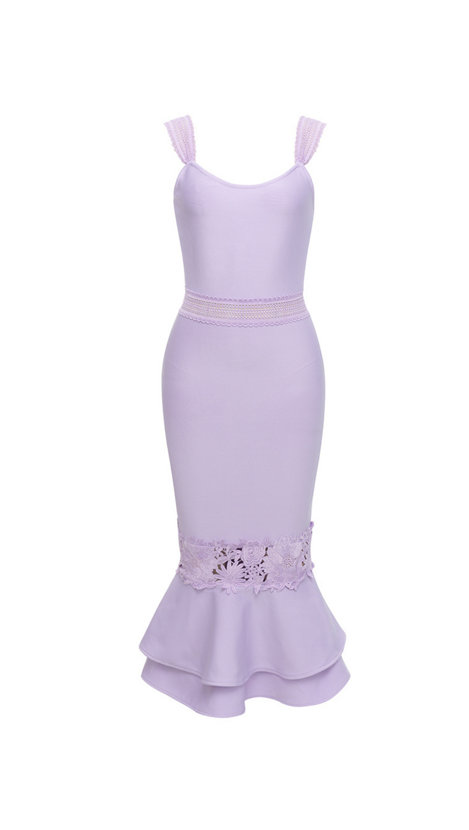 AGATHA MERMAID HEM FLORAL LACE BANDAGE MIDI DRESS IN PURPLE