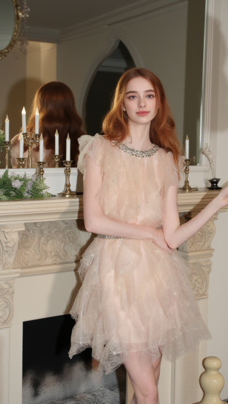 CRYSTAL EMBELLISHED RUFFLE MINI DRESS IN PALE PINK