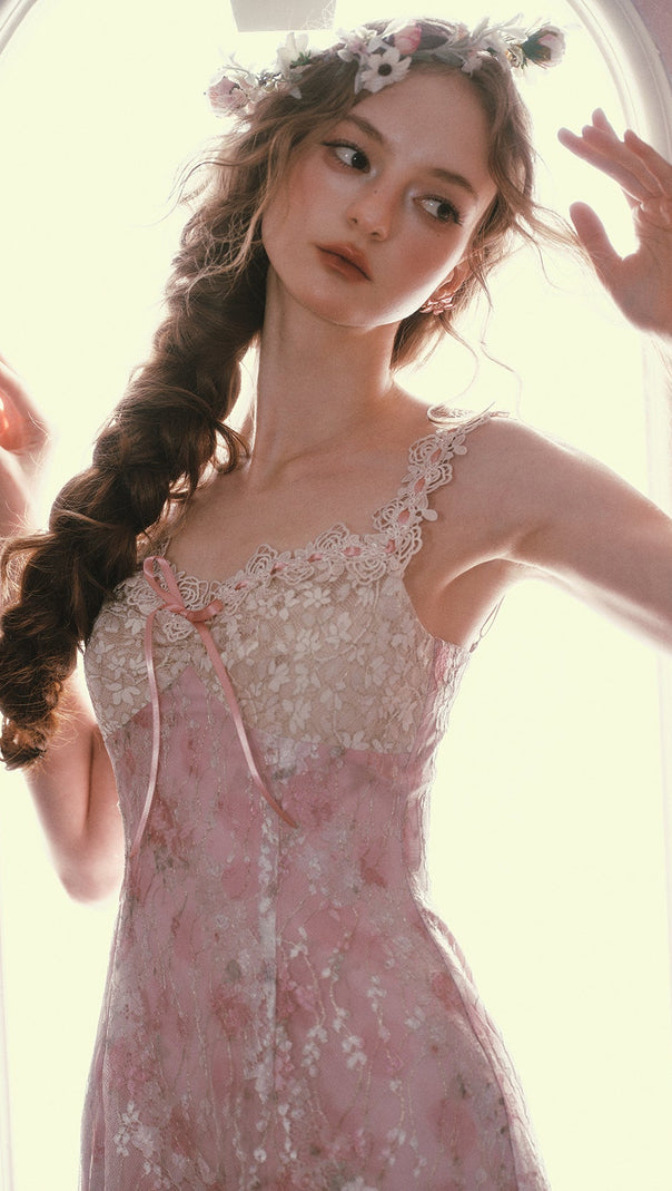 mandy Floral lace embroidery midi dress - pink
