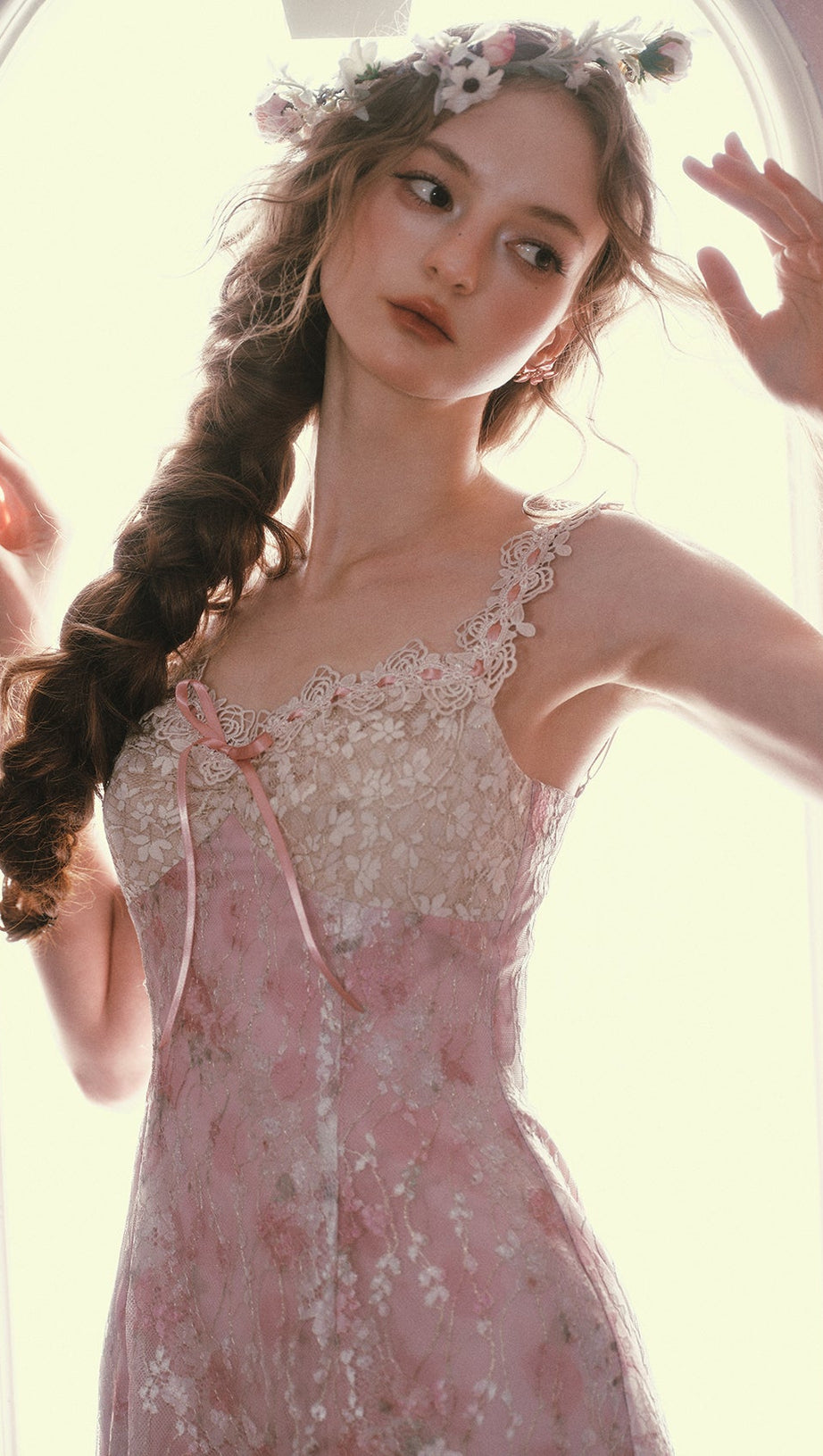mandy Floral lace embroidery midi dress - pink