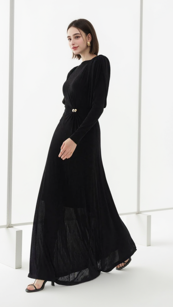 AIIZIE BLACK STRAIGHT BOAT NECK KNITTED FABRIC MAXI DRESS - product image