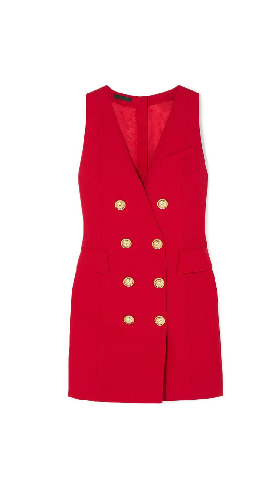 HELEN ROTES, ZWEIREIHIGES, ÄRMELLOSES MINIKLEID MIT METALLKNÖPFEN