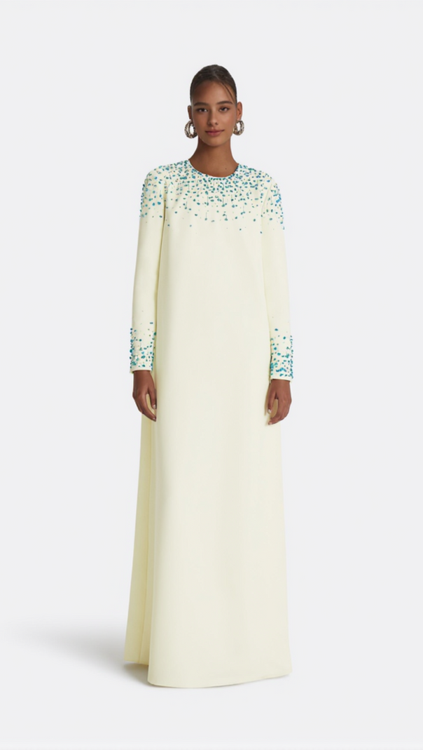 AIIZIE RHINESTONE EMBELLISHED ROUND NECK MAXI DRESS IN BEIGE - product image