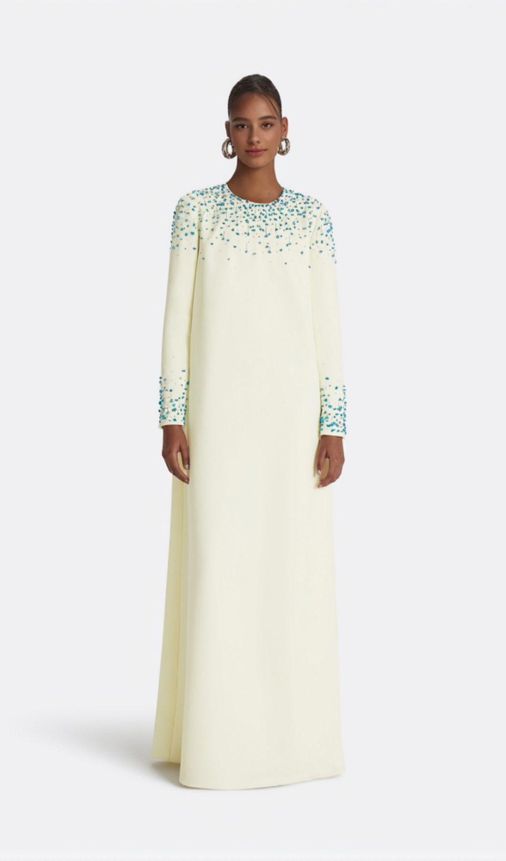 RHINESTONE EMBELLISHED ROUND NECK MAXI DRESS IN BEIGE