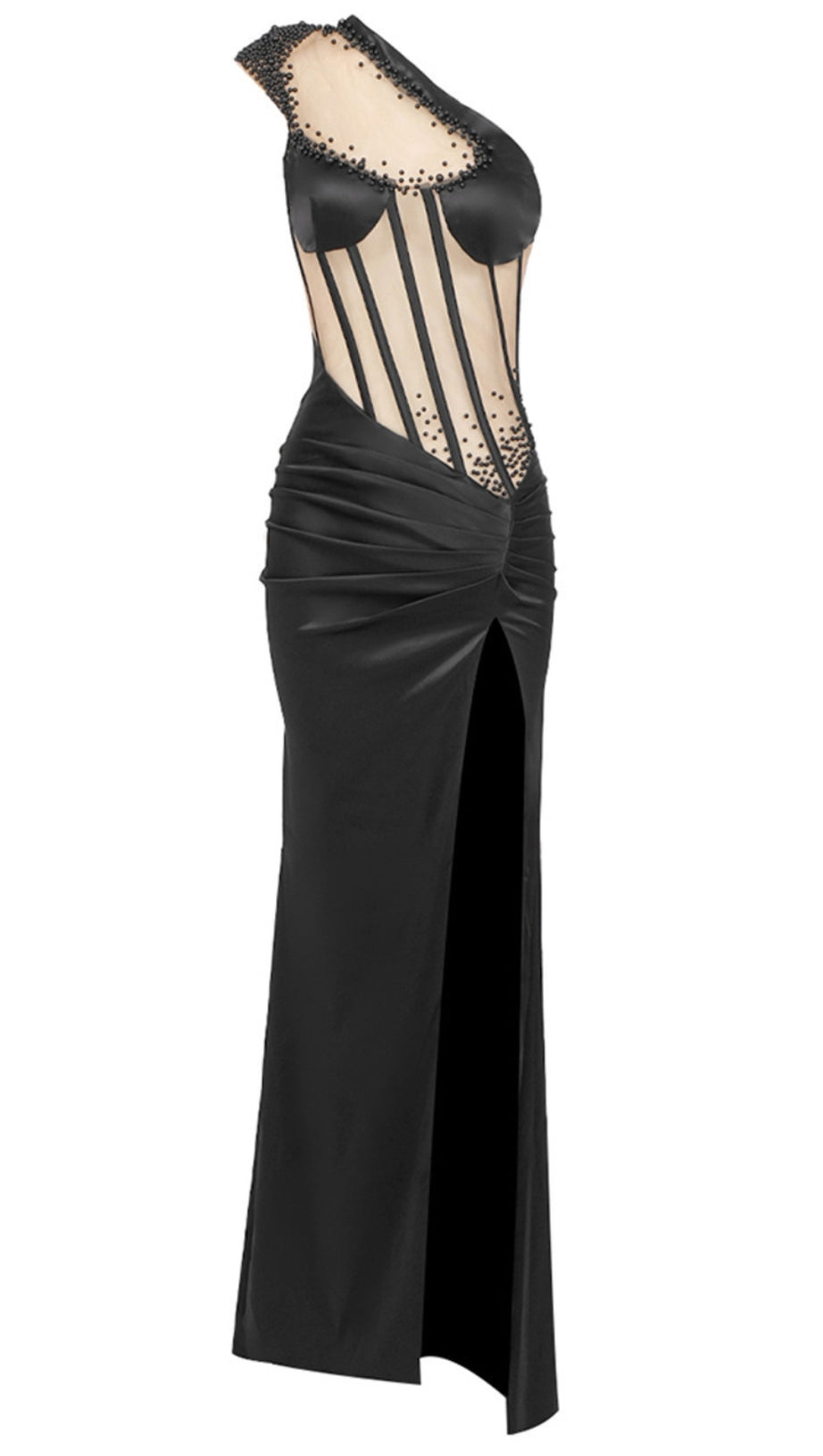 ABITO LUNGO CON INSERTI IN RETE E MONOSPALLA NERO