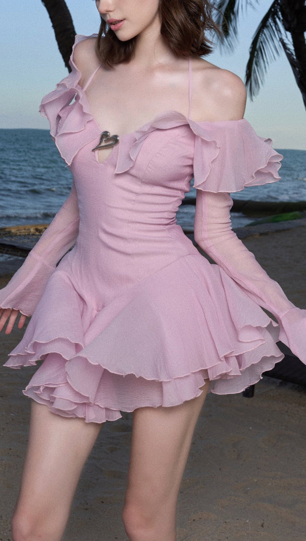 AIIZIE RUFFLED HALTER MINI DRESS IN PINK - product image