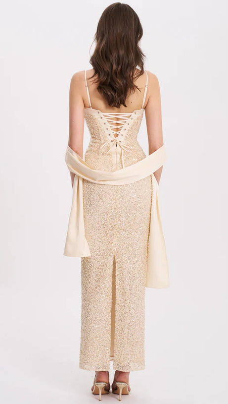 RAIZEL GOLD BEADED SEQUIN BODYCON GOWN WITH SCARF MAXI DRESS