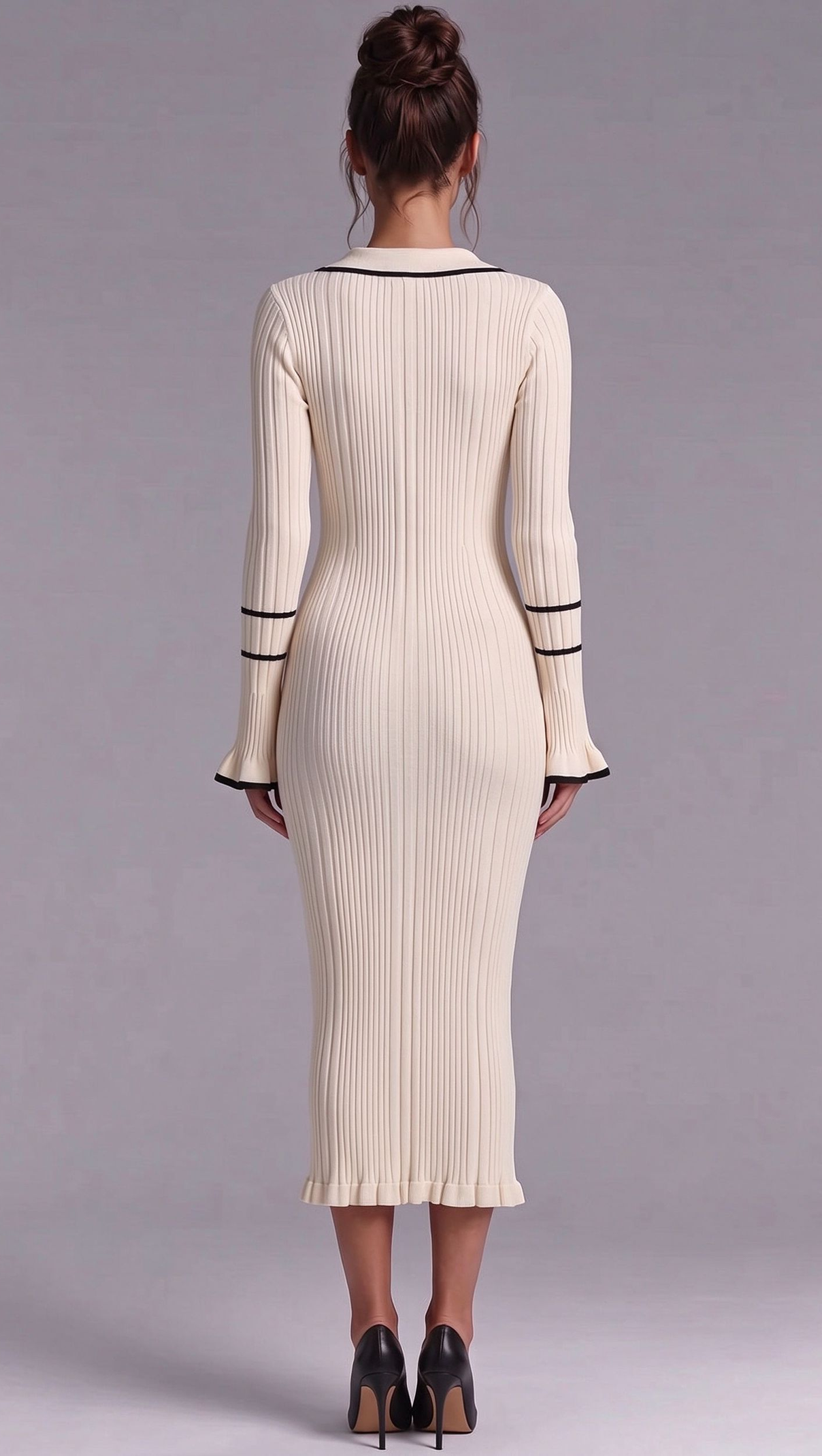 Cream Ribbed Knit Column Dress with Black Contrast Trim