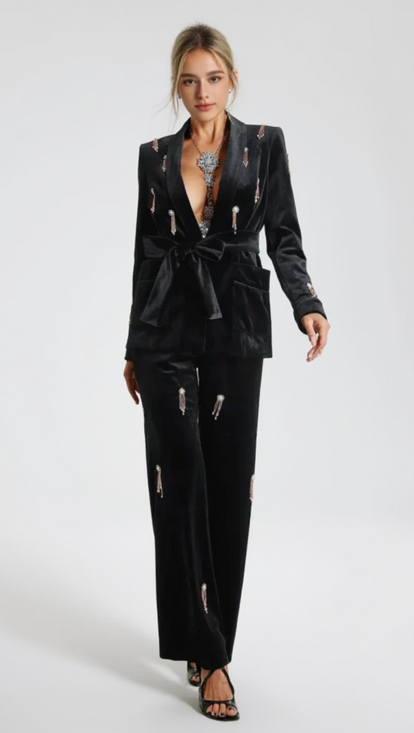 AIIZIE VELVET DIAMOND EMBELLISHED BLAZER 2 PIECE IN BLACK - product image