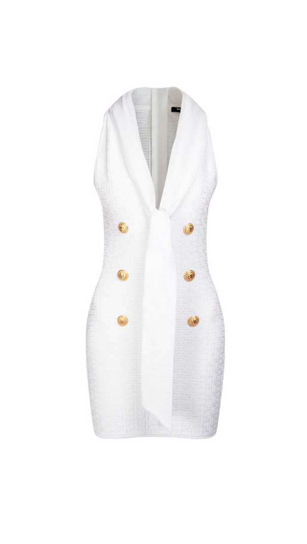 AIIZIE EVELYN JACQUARD MONOGRAM SHAWL-COLLAR MINI DRESS IN WHITE - product image