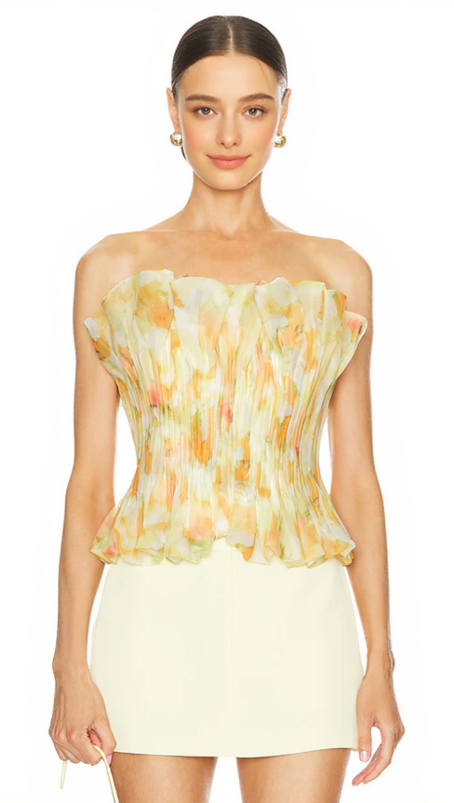 PRINT RUFFLE TRIM TOP IN YELLOW