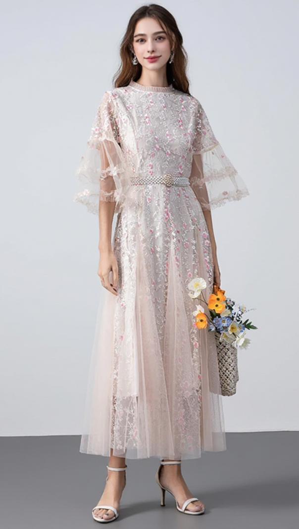AIIZIE FLOWER MESH MIDI DRESS IN APRICOT - product image