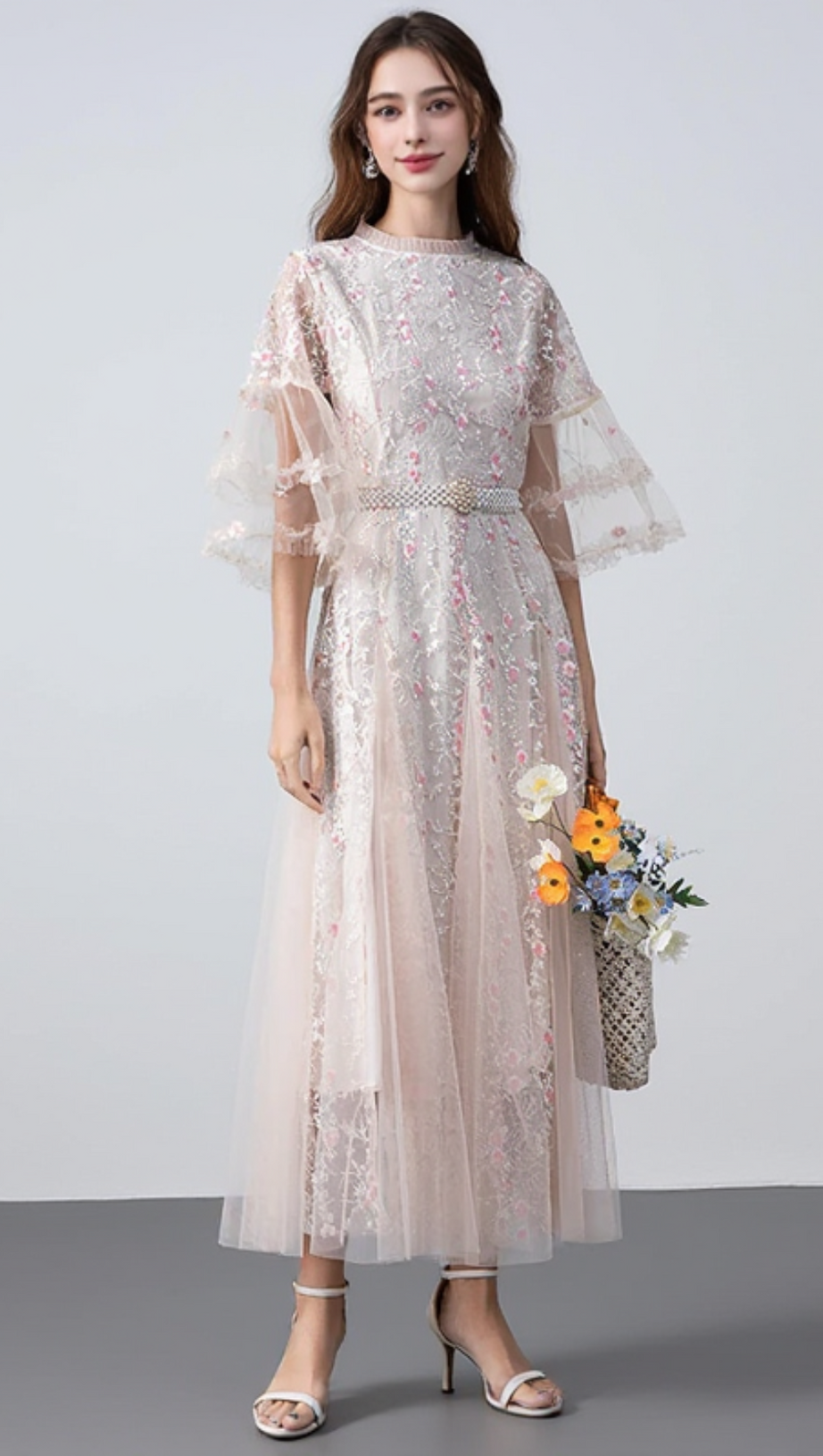 FLOWER MESH MIDI DRESS IN APRICOT