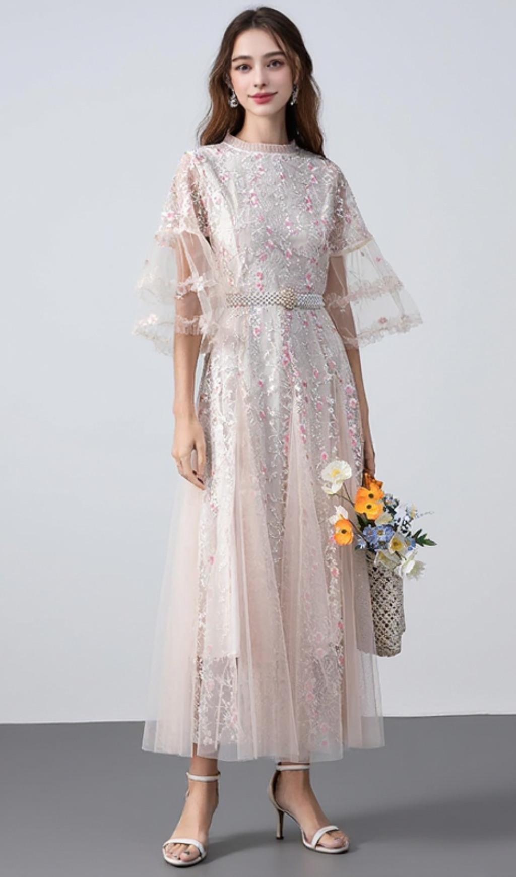 FLOWER MESH MIDI DRESS IN APRICOT