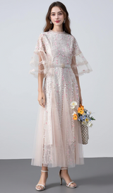 flower mesh midi dress in apricot