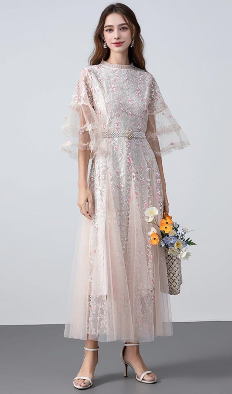 flower mesh midi dress in apricot
