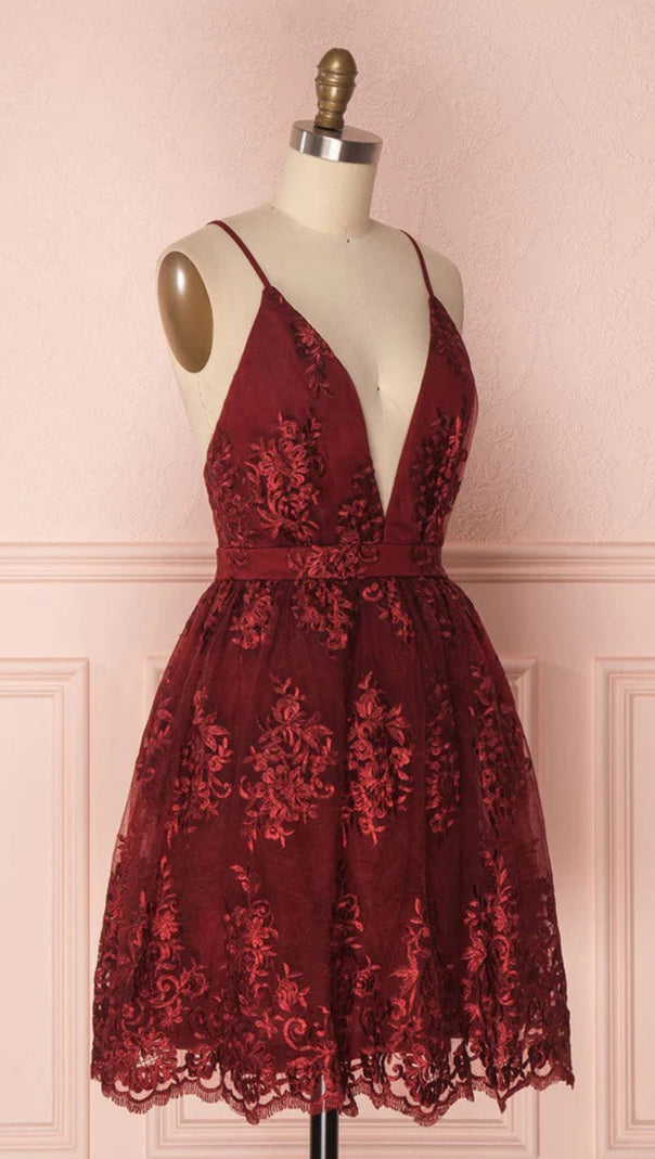 AIIZIE V NECK TULLE LACE SHORT BURGUNDY PROM DRESSES - product image