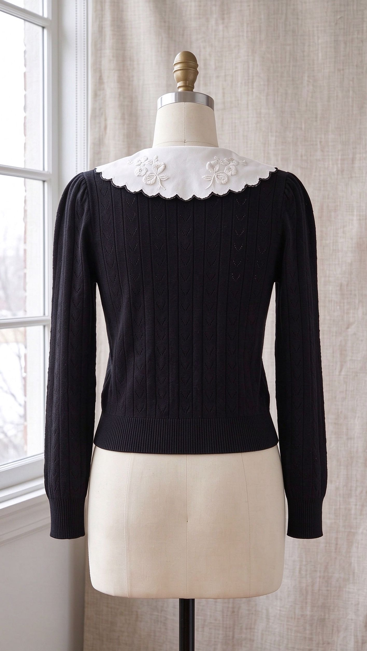 Black Pointelle Knit Cardigan with White Embroidered Collar