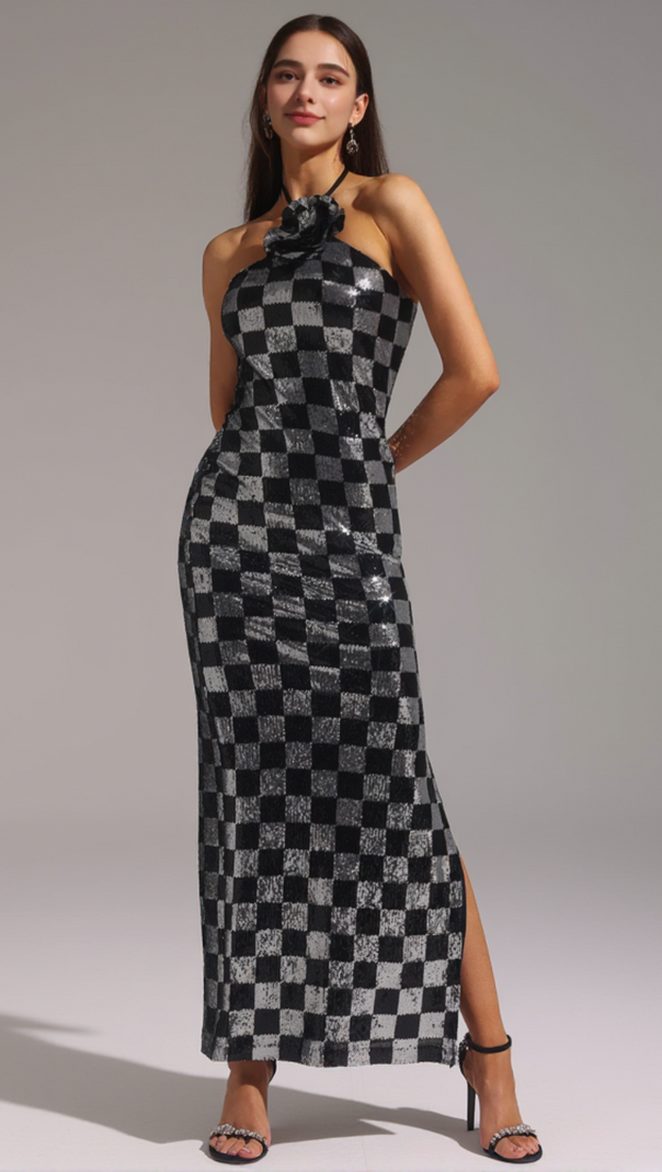 AIIZIE CHECKERBOARD SEQUIN HALTER GOWN WITH FLOWER - product image