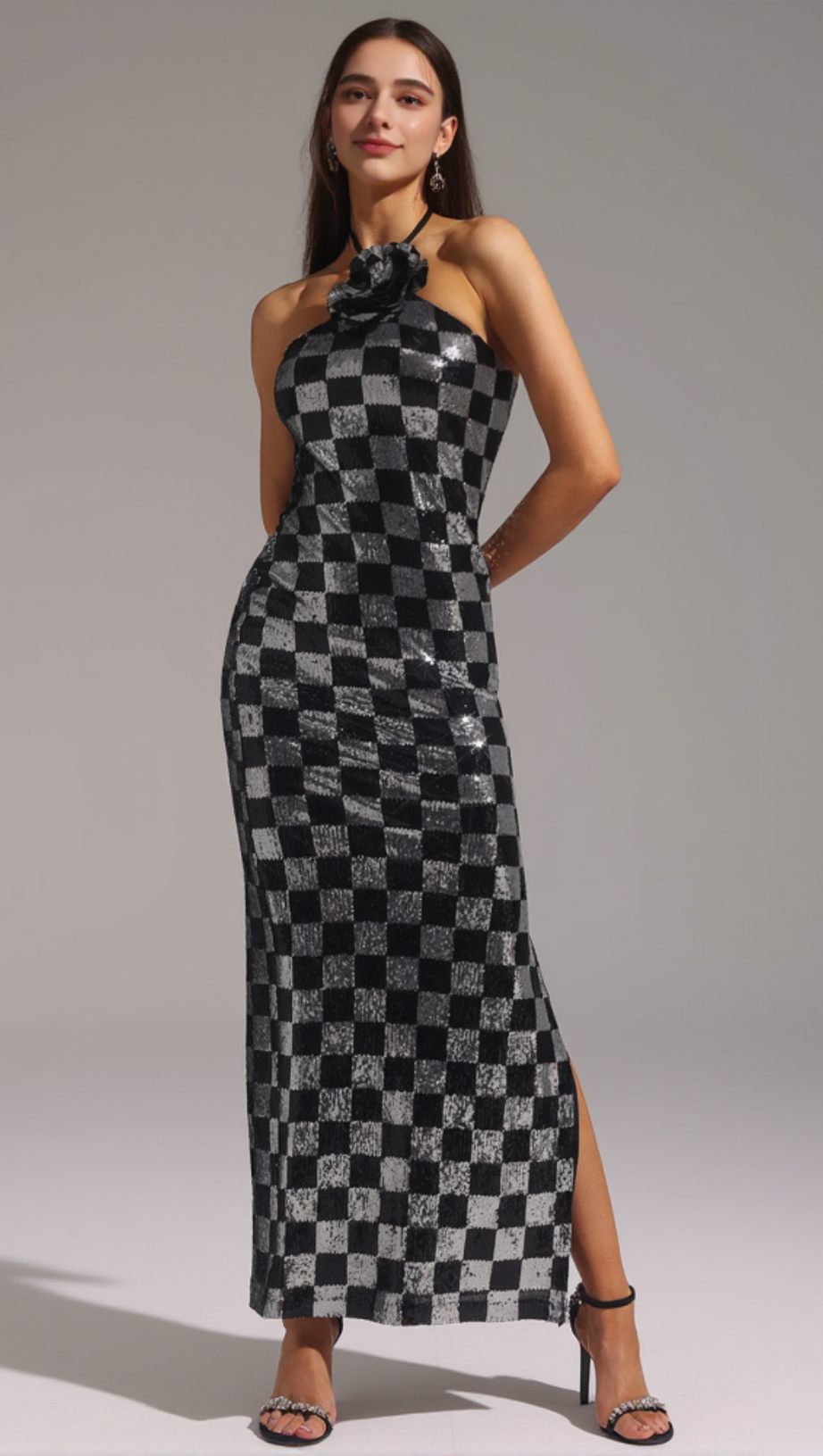 CHECKERBOARD SEQUIN HALTER GOWN WITH FLOWER
