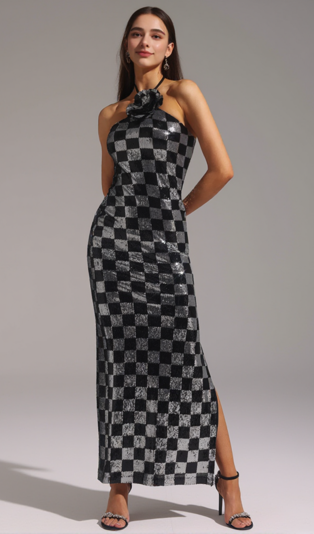 CHECKERBOARD SEQUIN HALTER GOWN WITH FLOWER