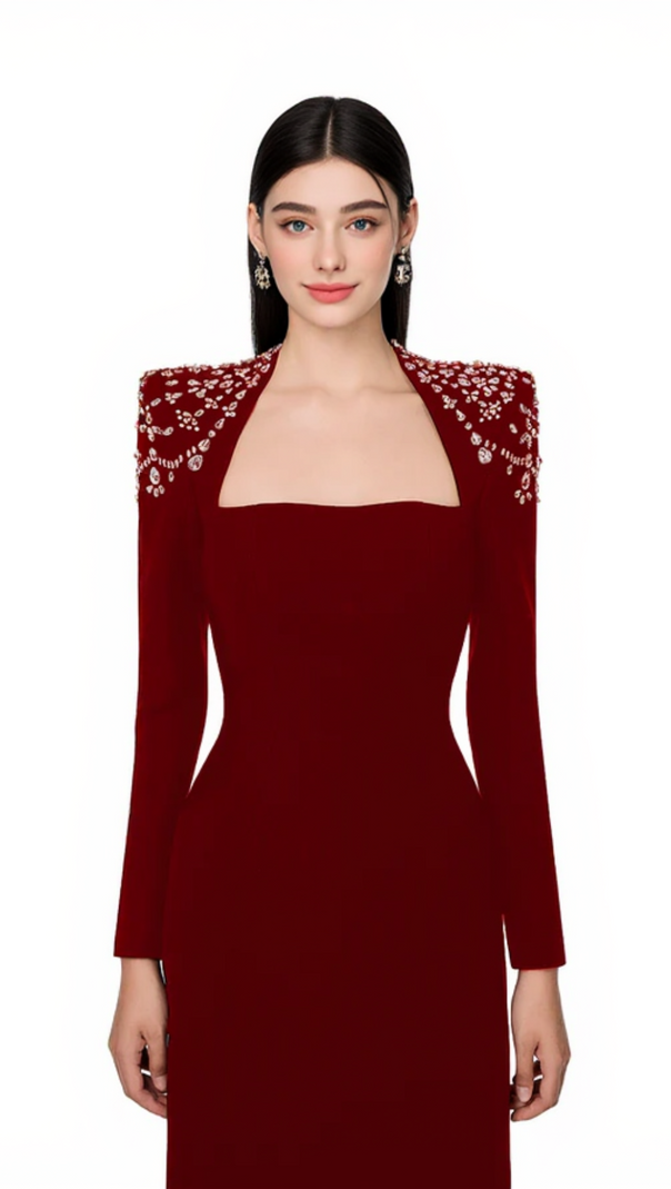 AIIZIE LONG SLEEVE TRAPEZOID NECKLINE BODYCON MAXI DRESS IN RED - product image