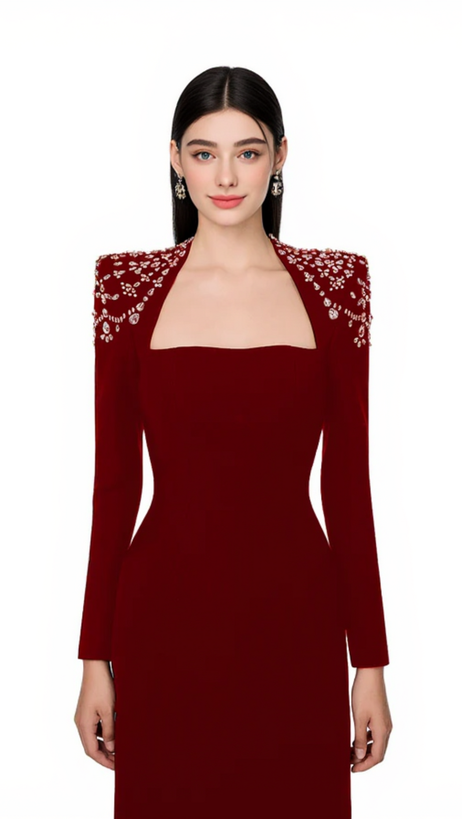 LONG SLEEVE TRAPEZOID NECKLINE BODYCON  MAXI DRESS IN RED