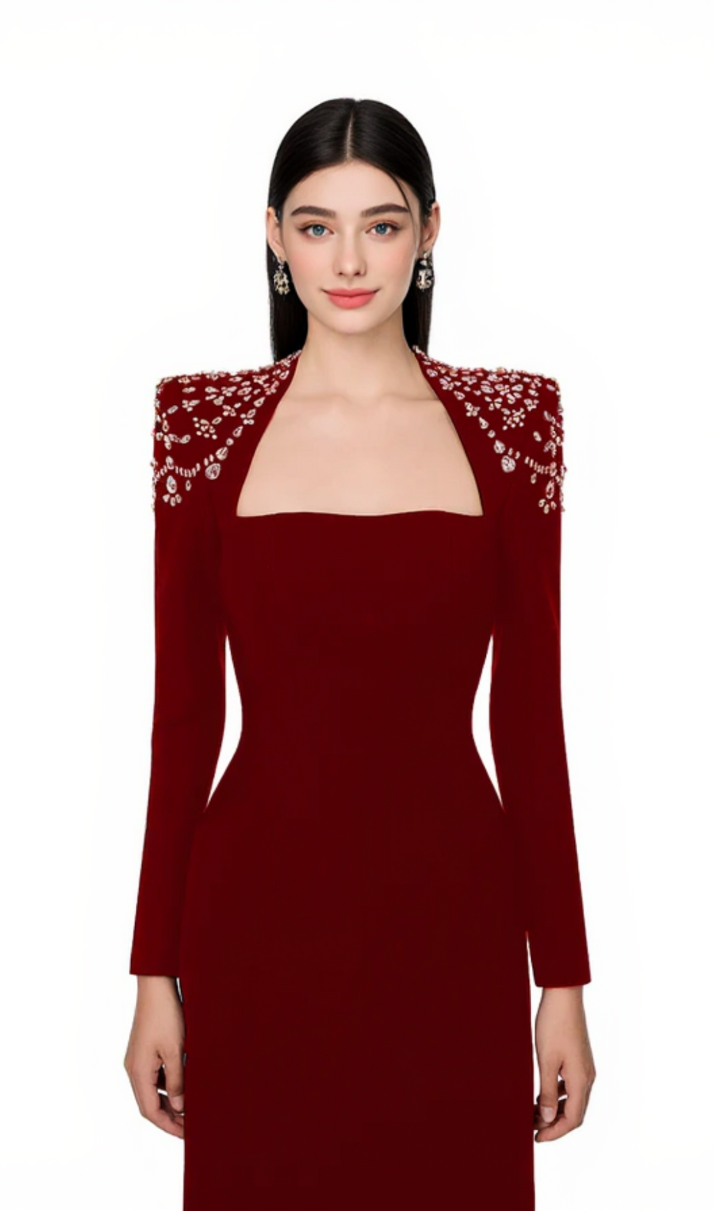 LONG SLEEVE TRAPEZOID NECKLINE BODYCON  MAXI DRESS IN RED