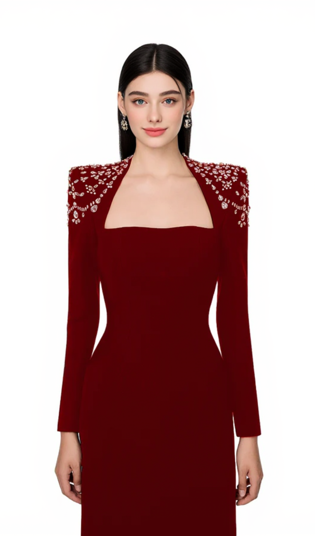 LONG SLEEVE TRAPEZOID NECKLINE BODYCON  MAXI DRESS IN RED