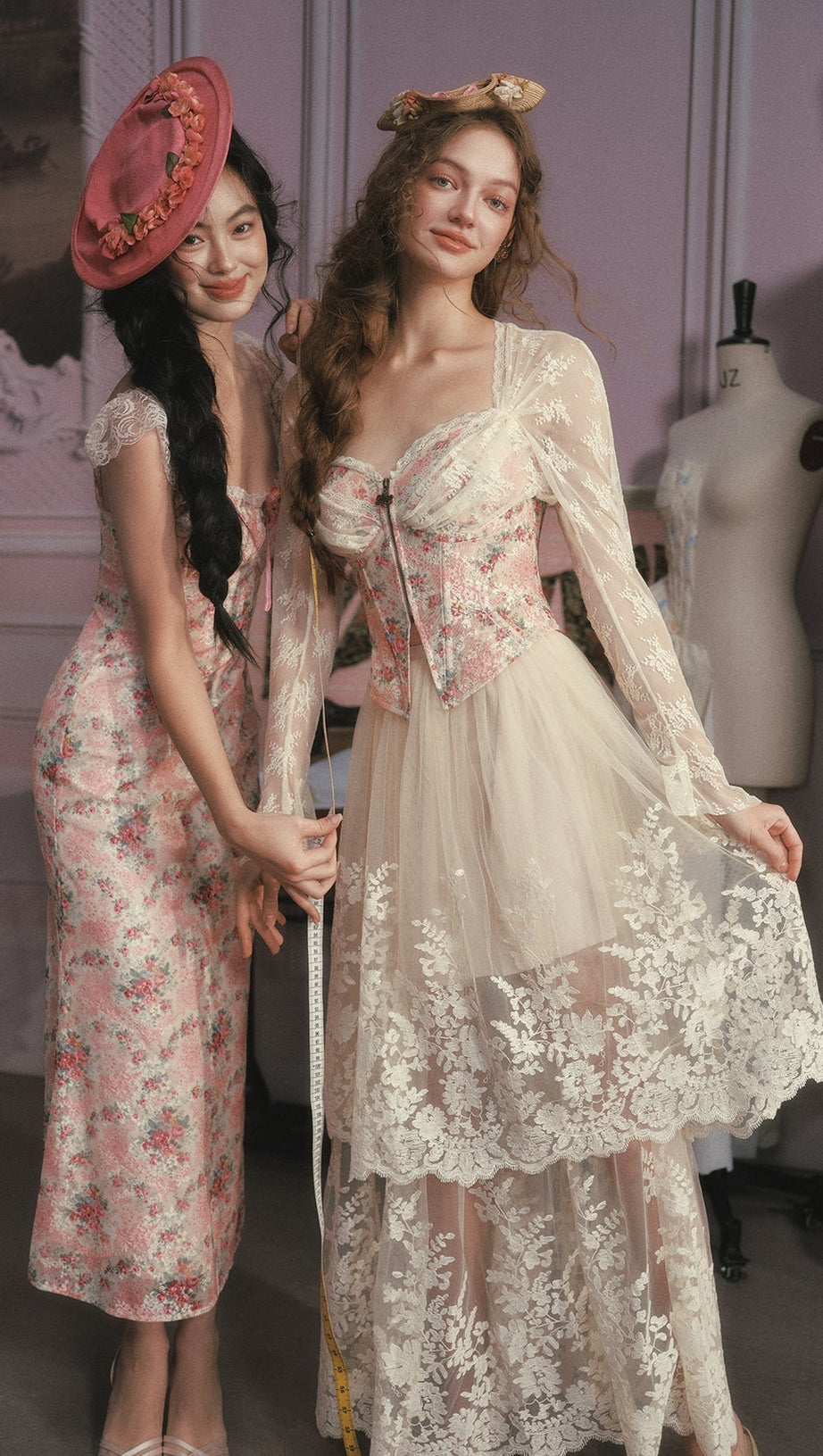 julie floral print lace trim midi dress - pink