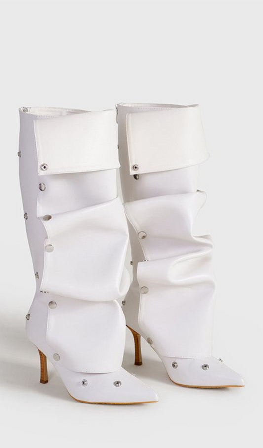 ISABELA APPLIQUÉ RUCHED  KNEE-HIGH BOOTS - WHITE