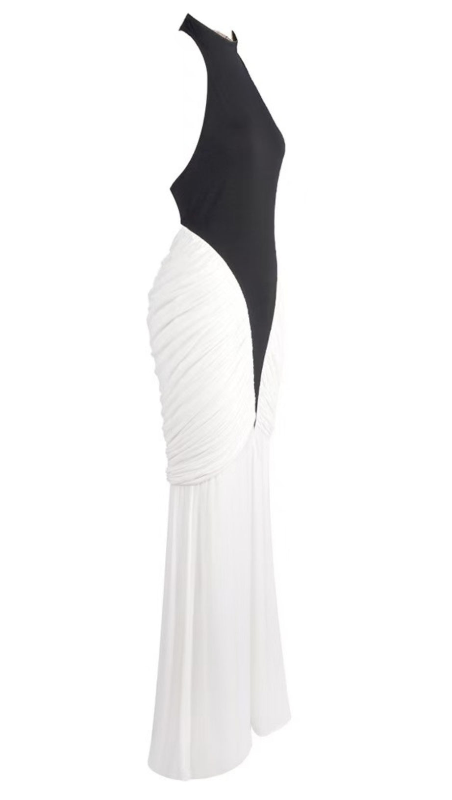 HIGH-CONTRAST HALTER MAXI GOWN WITH SCULPTURAL RUCHING