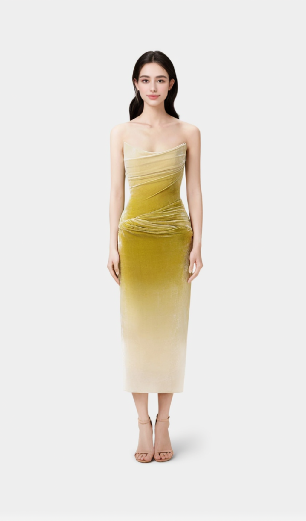 RUCHED VELVET STRAPLESS MIDI DRESS IN GREEN GRADIENT