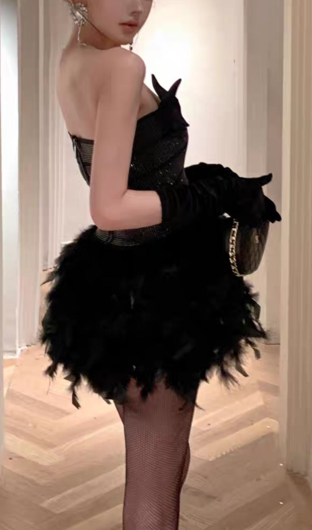 AIIZIE RHINESTONE FEATHER STRAPLESS MINI DRESS IN BLACK - product image