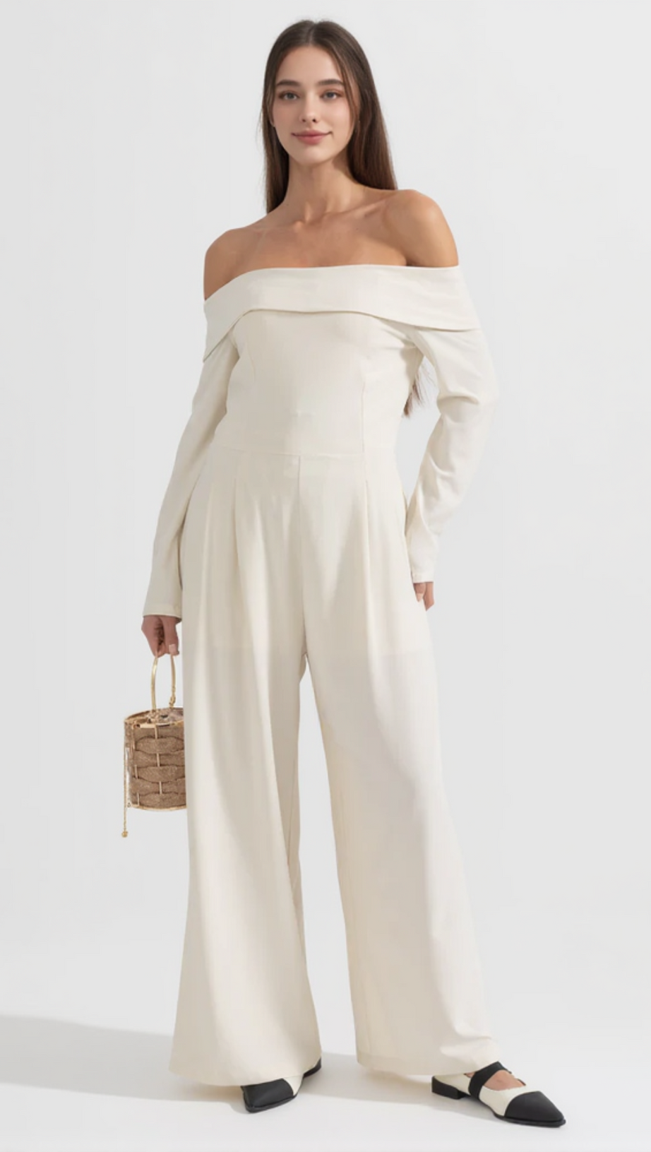 VESPER OFF-THE-SHOULDER CREPE JUMPSUIT IN IVORY