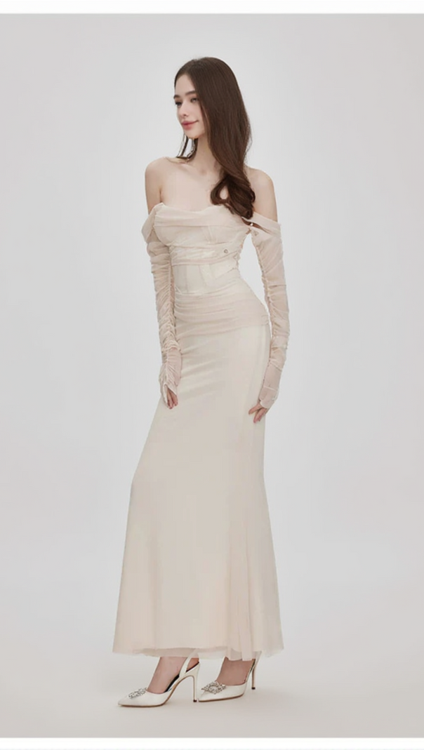 AIIZIE ARIEL APRICOT MESH OFF-SHOULDER MERMAID MAXI DRESS - product image