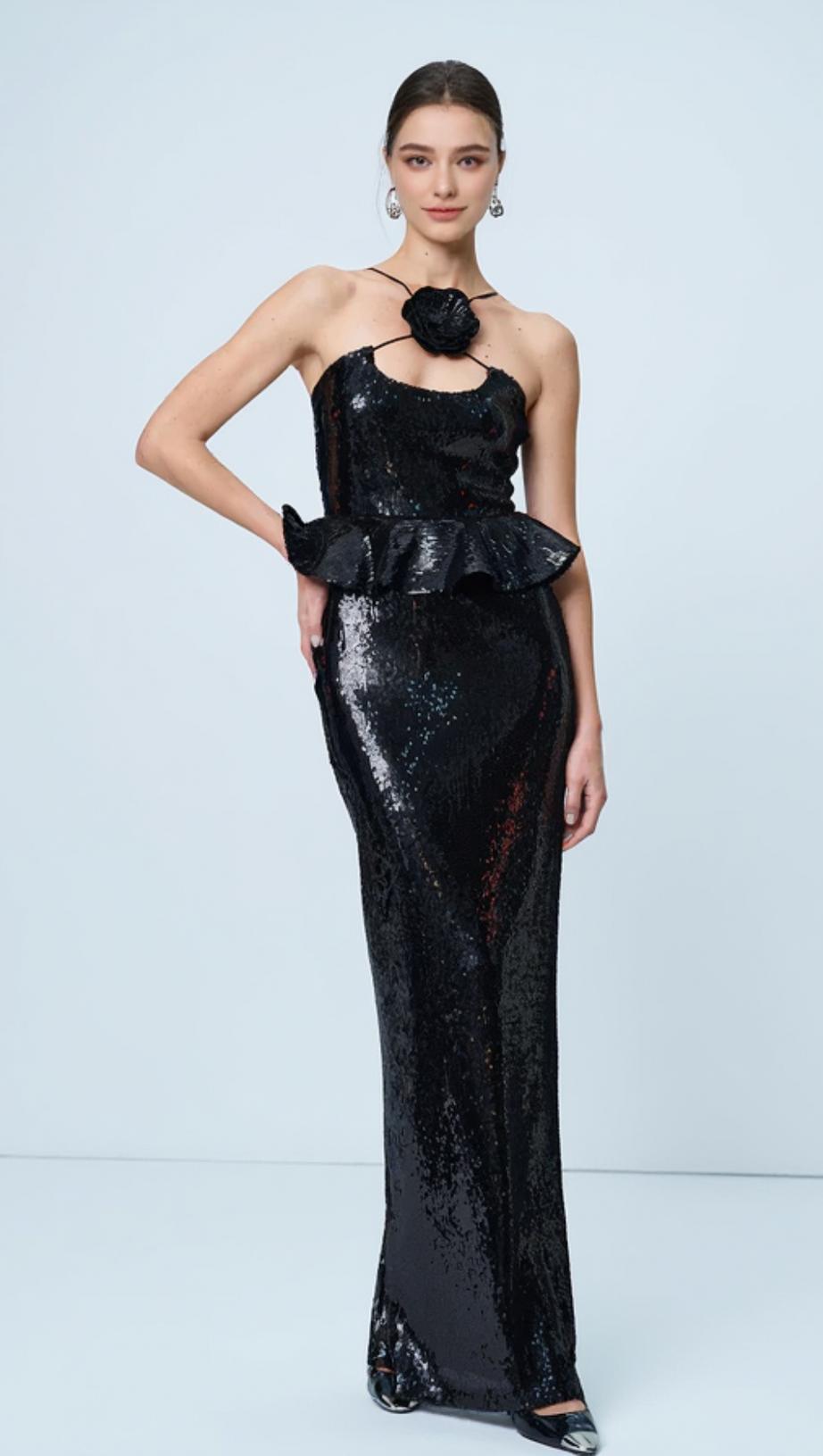PEPLUM WAIST SEQUIN MAXI DRESS IN BLACK