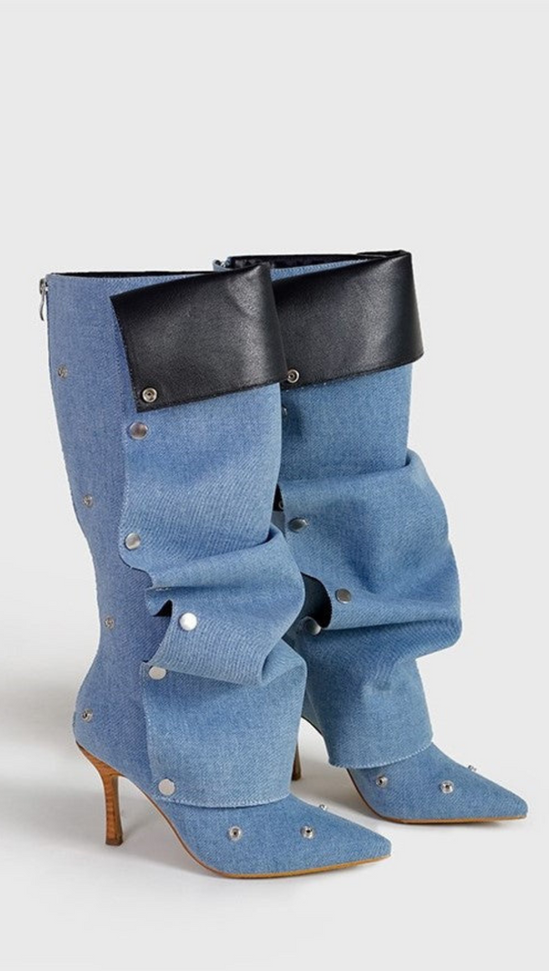 AIIZIE ISABELA APPLIQUÉ RUCHED DENIM KNEE-HIGH BOOTS - BLUE - product image