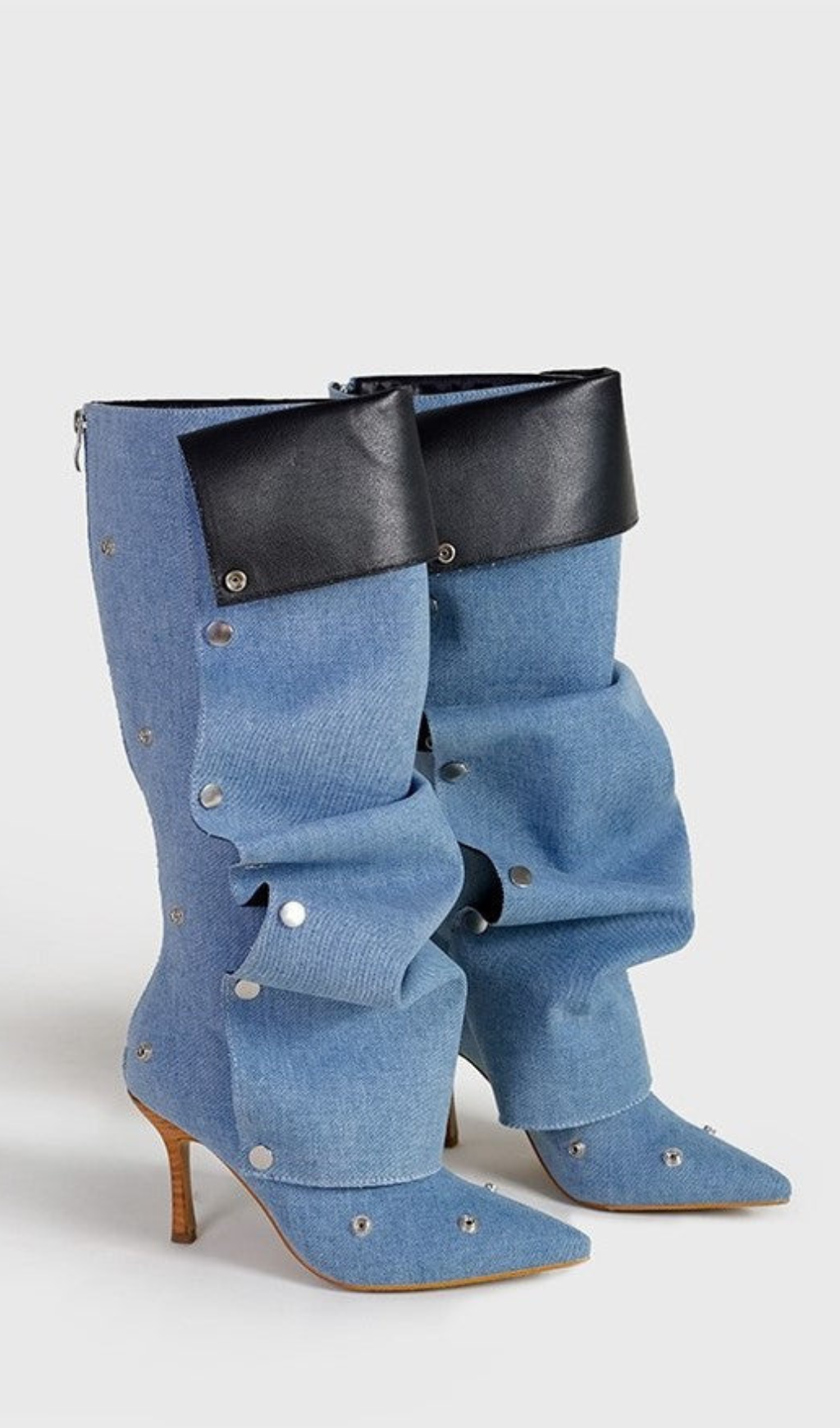 AIIZIE ISABELA APPLIQUÉ RUCHED DENIM KNEE-HIGH BOOTS - BLUE - product image