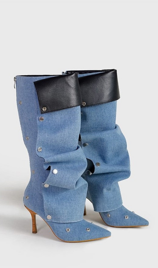 AIIZIE ISABELA APPLIQUÉ RUCHED DENIM KNEE-HIGH BOOTS - BLUE - product image