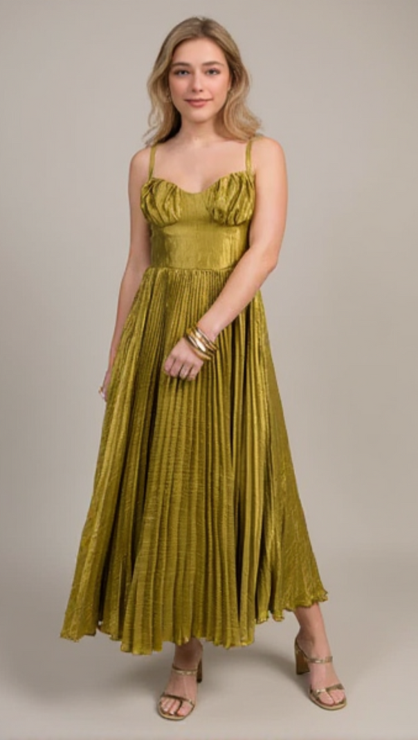 AIIZIE CHARTREUSE SATIN PLEATED MIDI DRESS - product image
