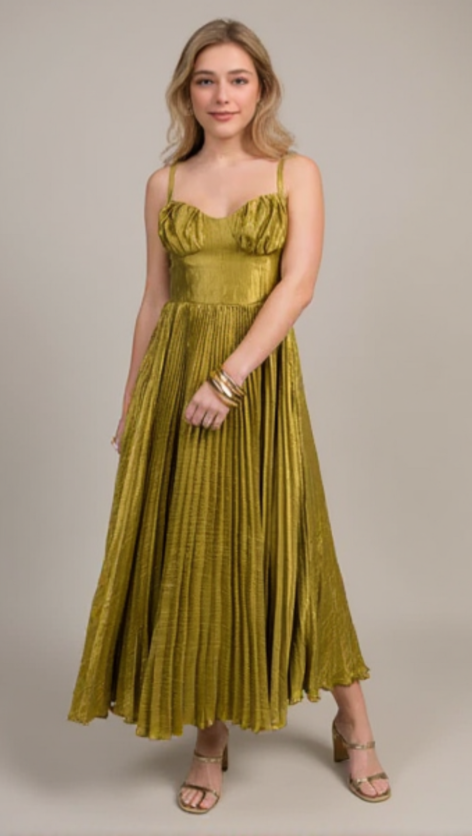 CHARTREUSE SATIN PLEATED MIDI DRESS