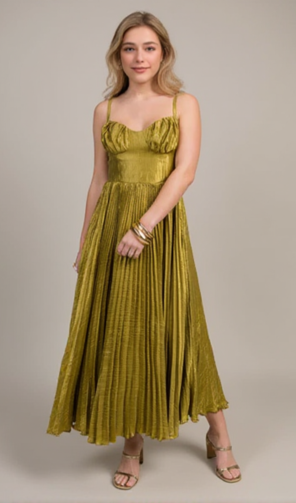 CHARTREUSE SATIN PLEATED MIDI DRESS