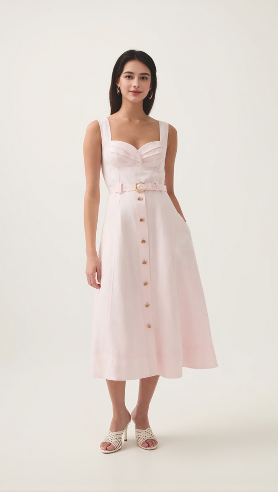 ABITO MIDI ROSA CON SCOLLO A CUORE E CINTURA