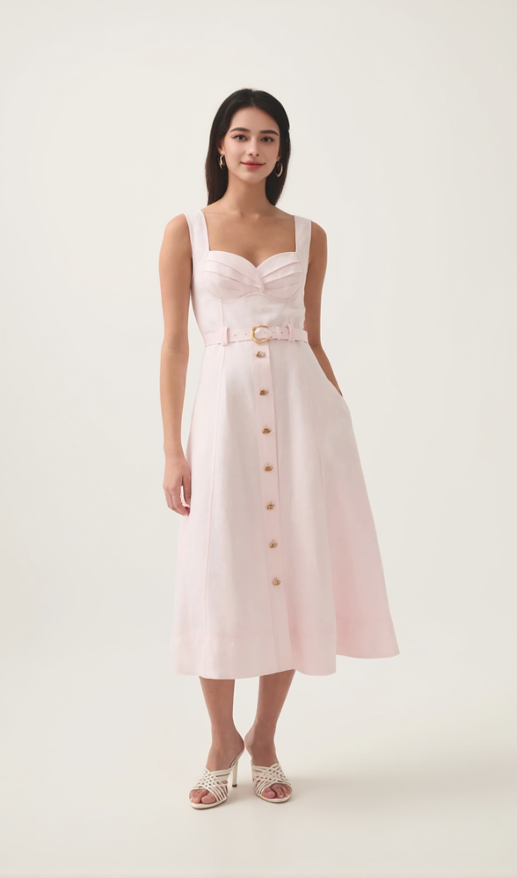 ABITO MIDI ROSA CON SCOLLO A CUORE E CINTURA