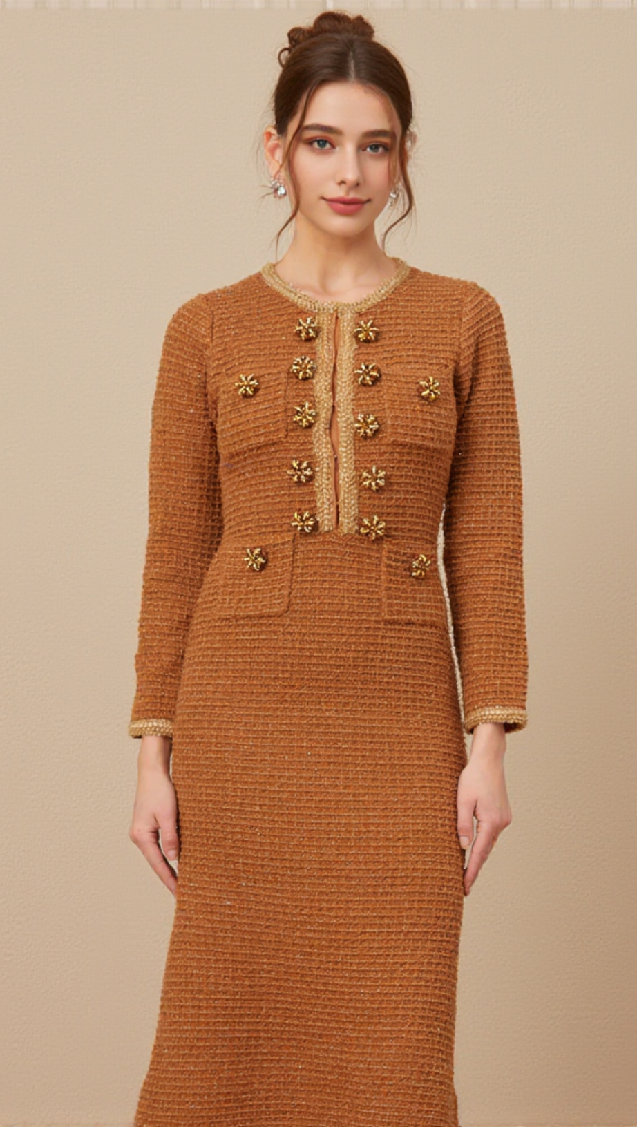 BRAIDED-EDGE TWEED MIDI DRESS IN BROWN