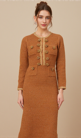 braided-edge tweed midi dress in brown