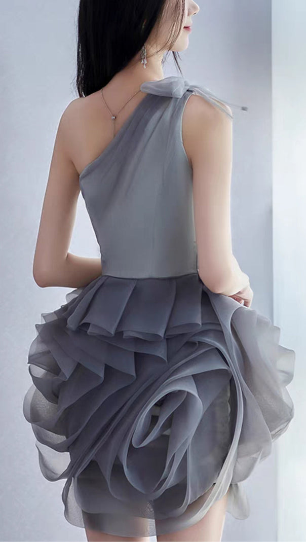 ONE SHOULDER MESH MINI DRESS IN GREY