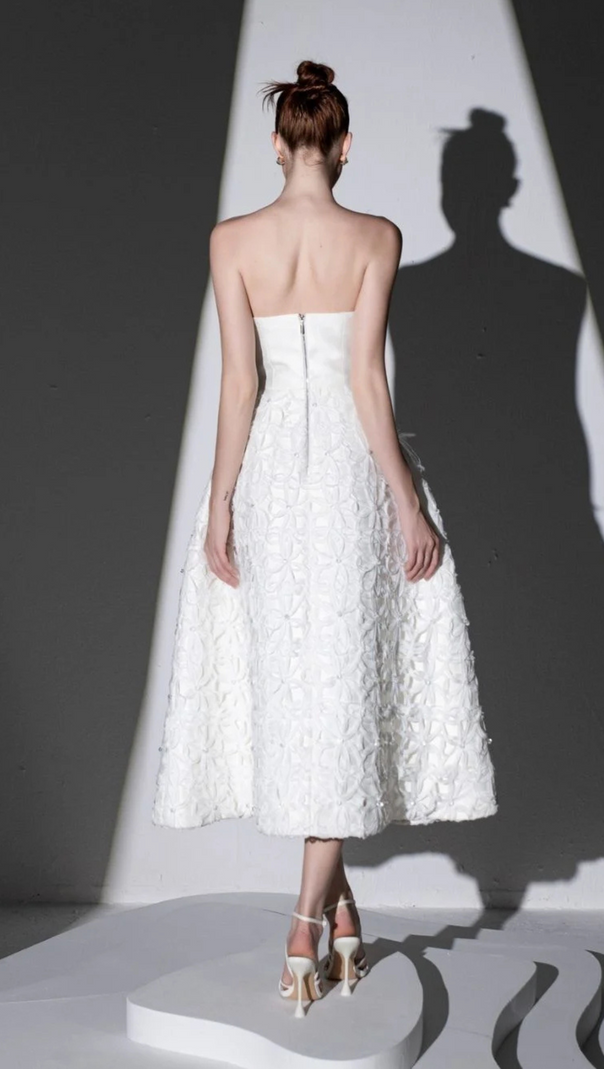 AIIZIE WHITE FLORAL EMBELLISHED STRAPLESS MIDI DRESS - product image