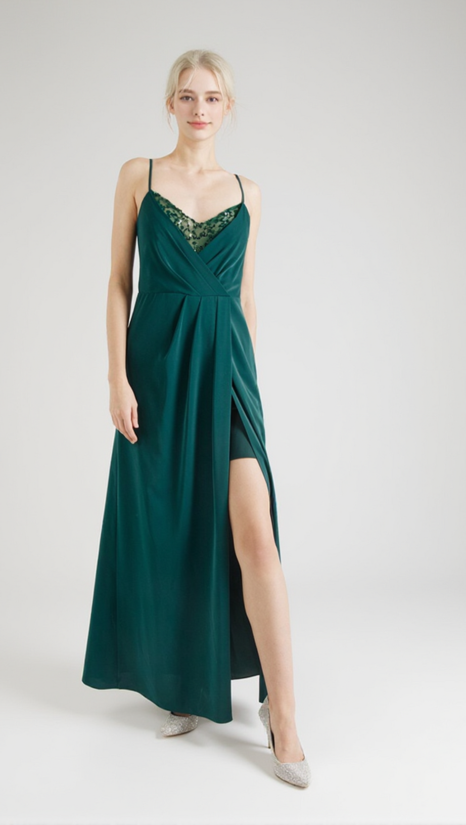 CRYSTAL EMBELLISHED PLEATED MAXI DRESS IN GREEN